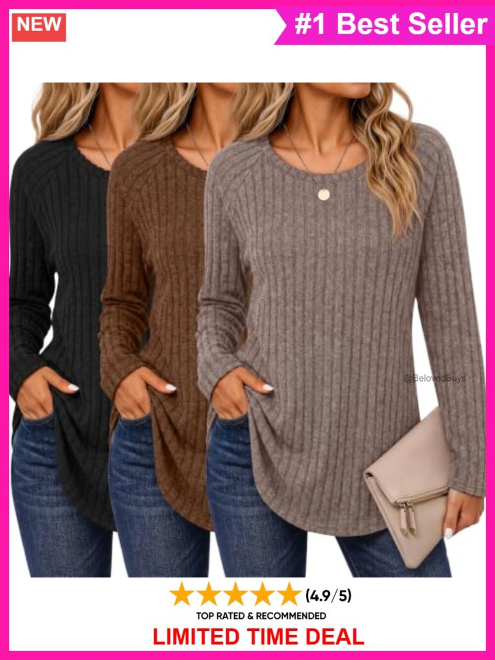 3 Pack Women's Long Sleeve Tunic Sweaters Crew Neck Curved Hem Pullover